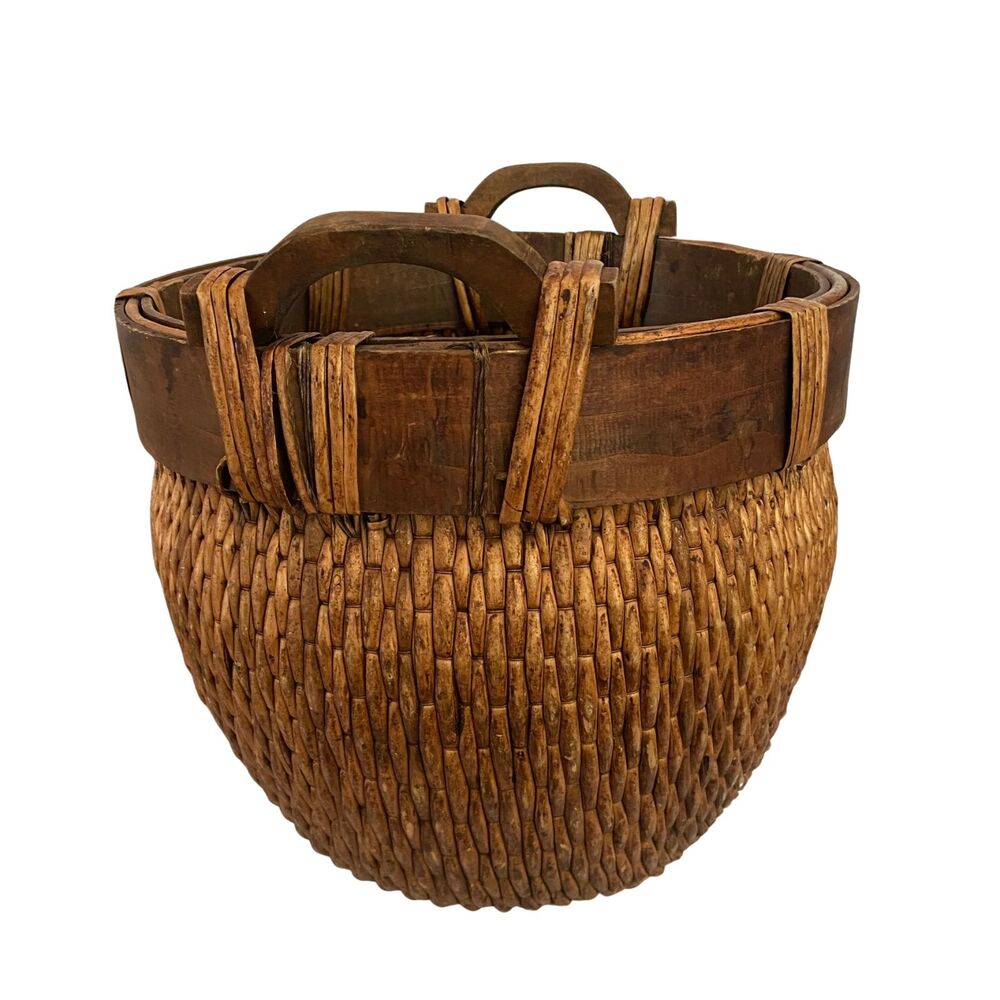 Chinese Woven Willow Rice Basket w/ 2 Wood Hand Carved Handles 19th Century